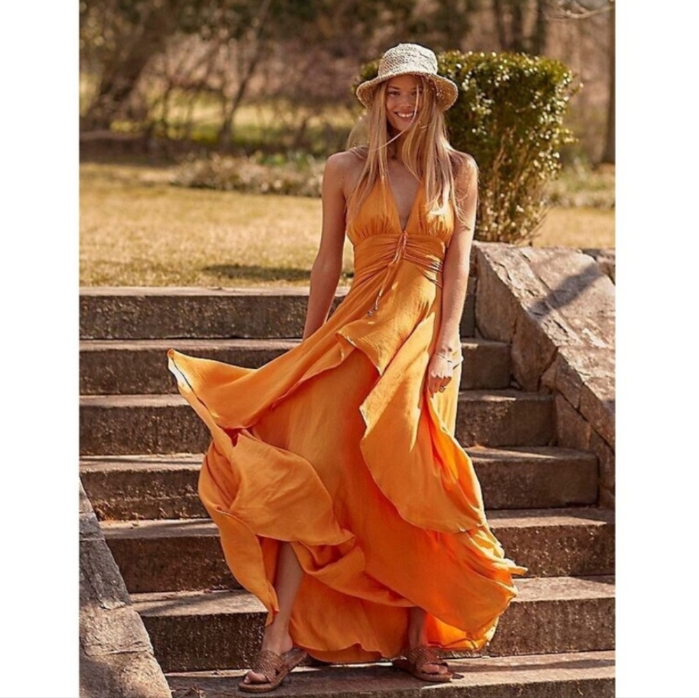 Free People Orange Yellow Halter Maxi Dress